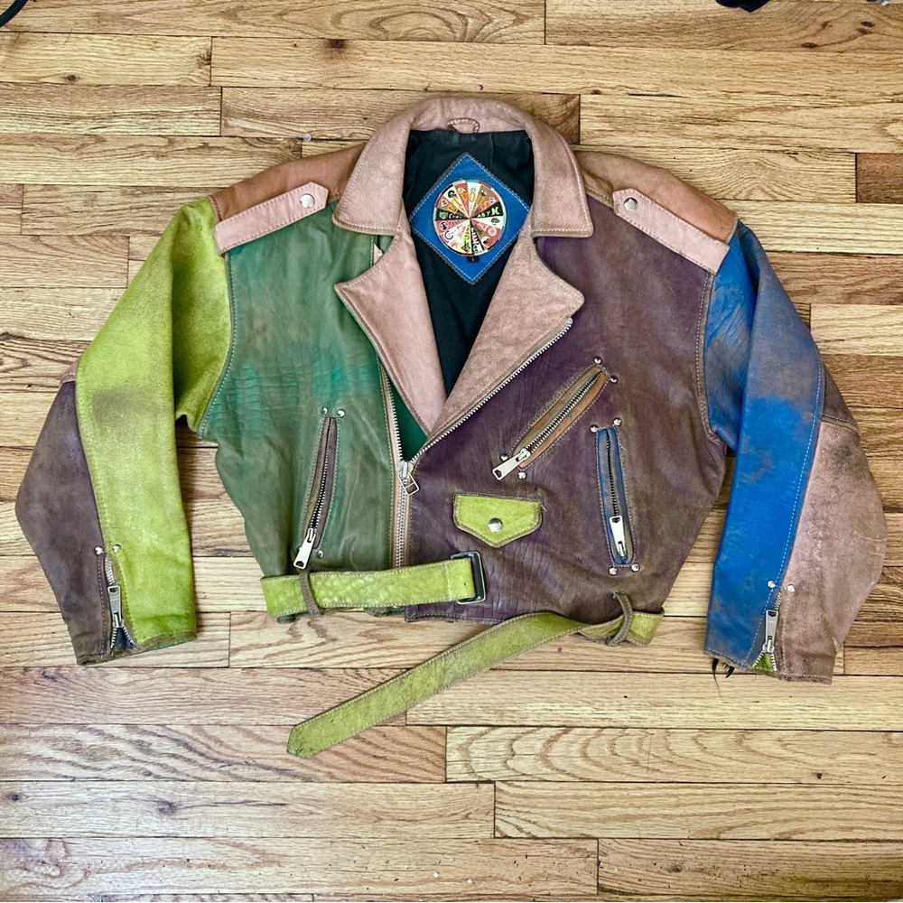 Vintage Colorblock Leather Moto Jacket
